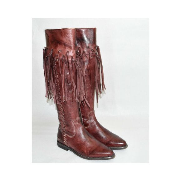 New! Bed Stu Hoplia Fringe Trim Riding Boot Scarlett Rust Red Leather Sz 8 DD293 - Picture 1 of 8